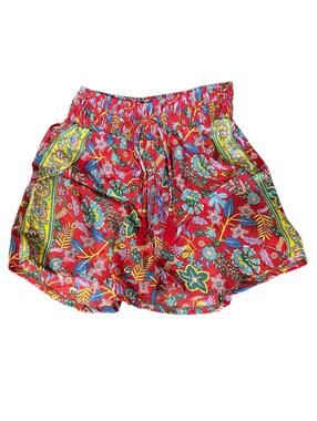 Rhea NWT Boho Floral Shorts Red Multicolor Tassel Waist Elastic Summer Size S/M